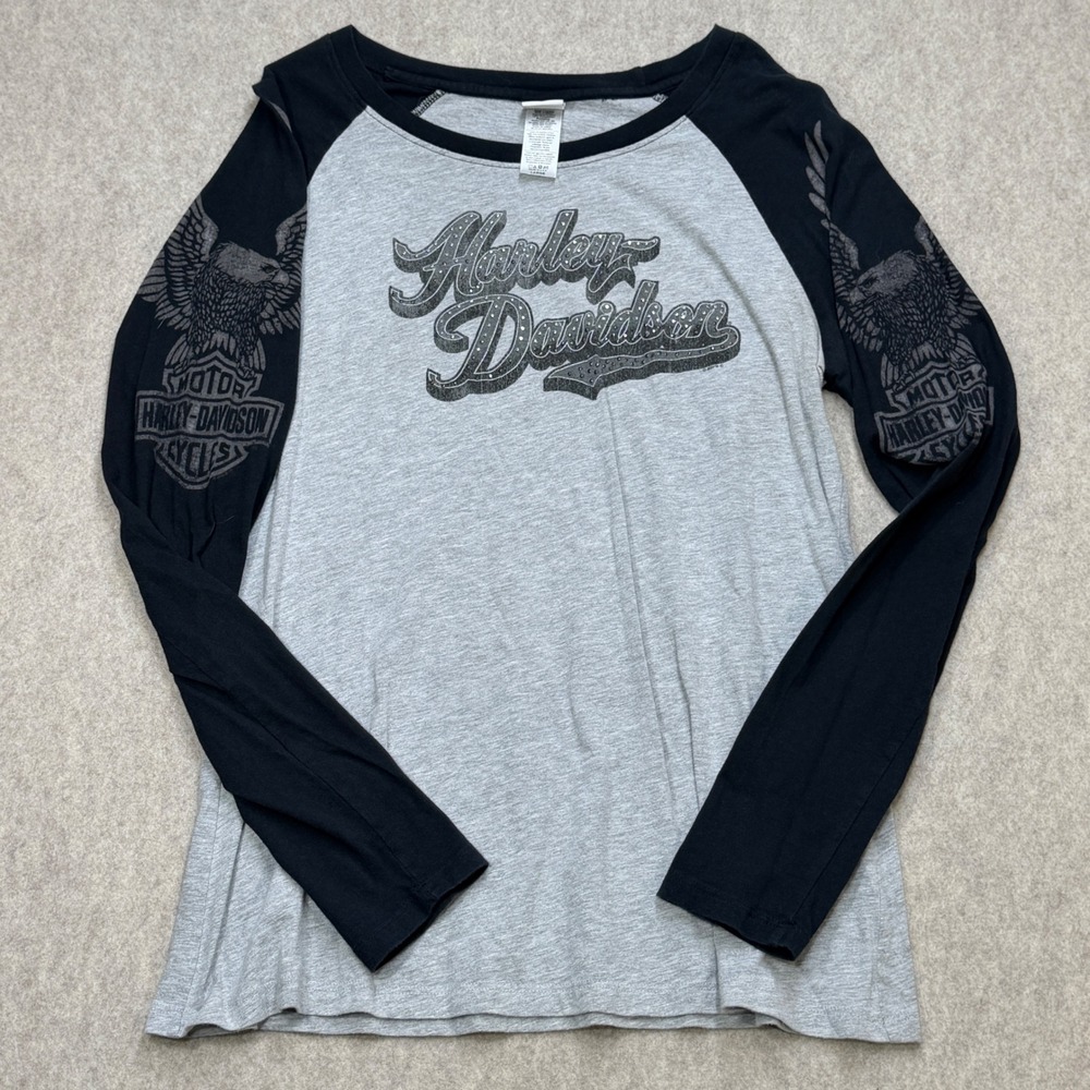 Harley Davidson Raglan Shirt Womens L Gray Bling Glam Biker Americana Moto USA